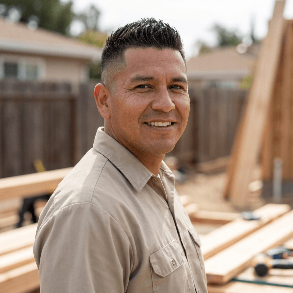 Homeowner standing in front of a renovated house