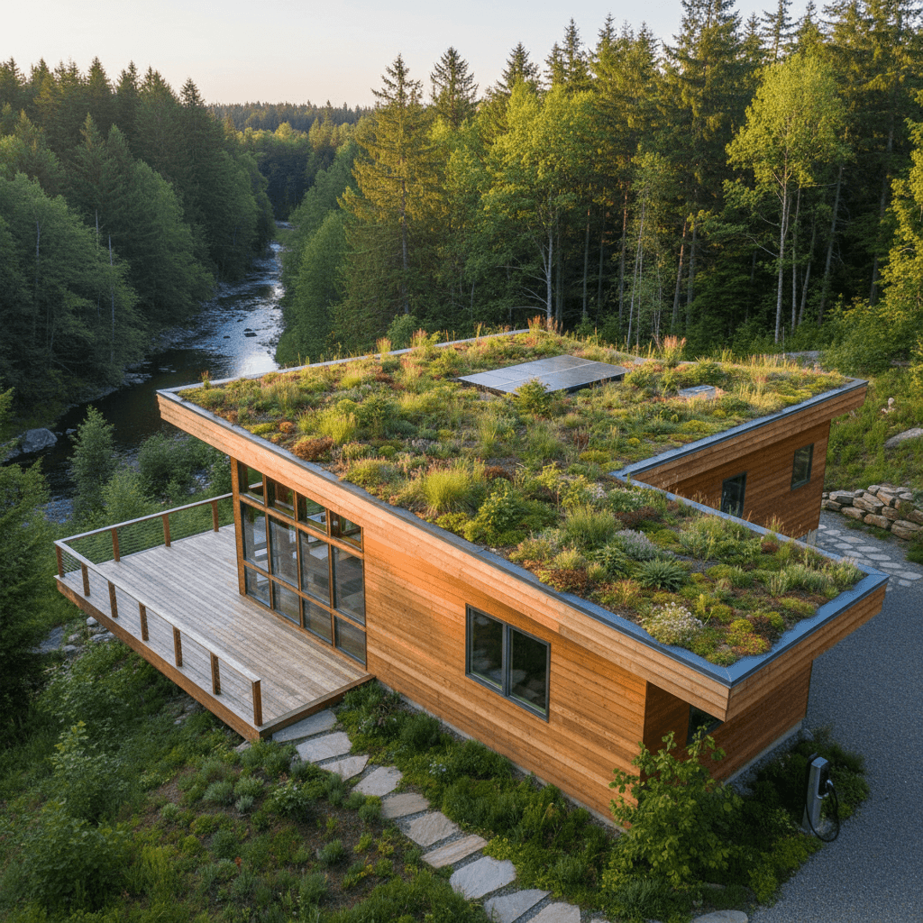 Modern sustainable house with wooden cladding and green roof