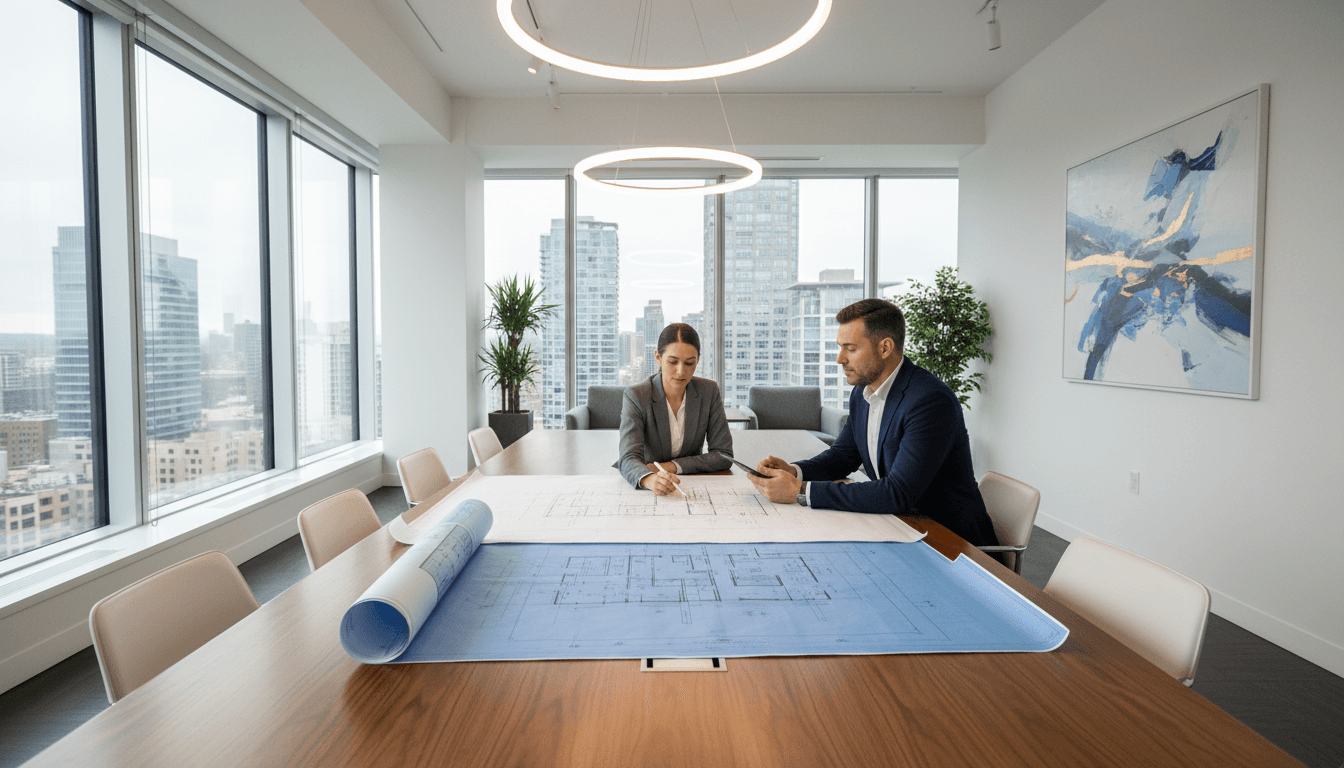 Builder and client reviewing construction plans together over a table