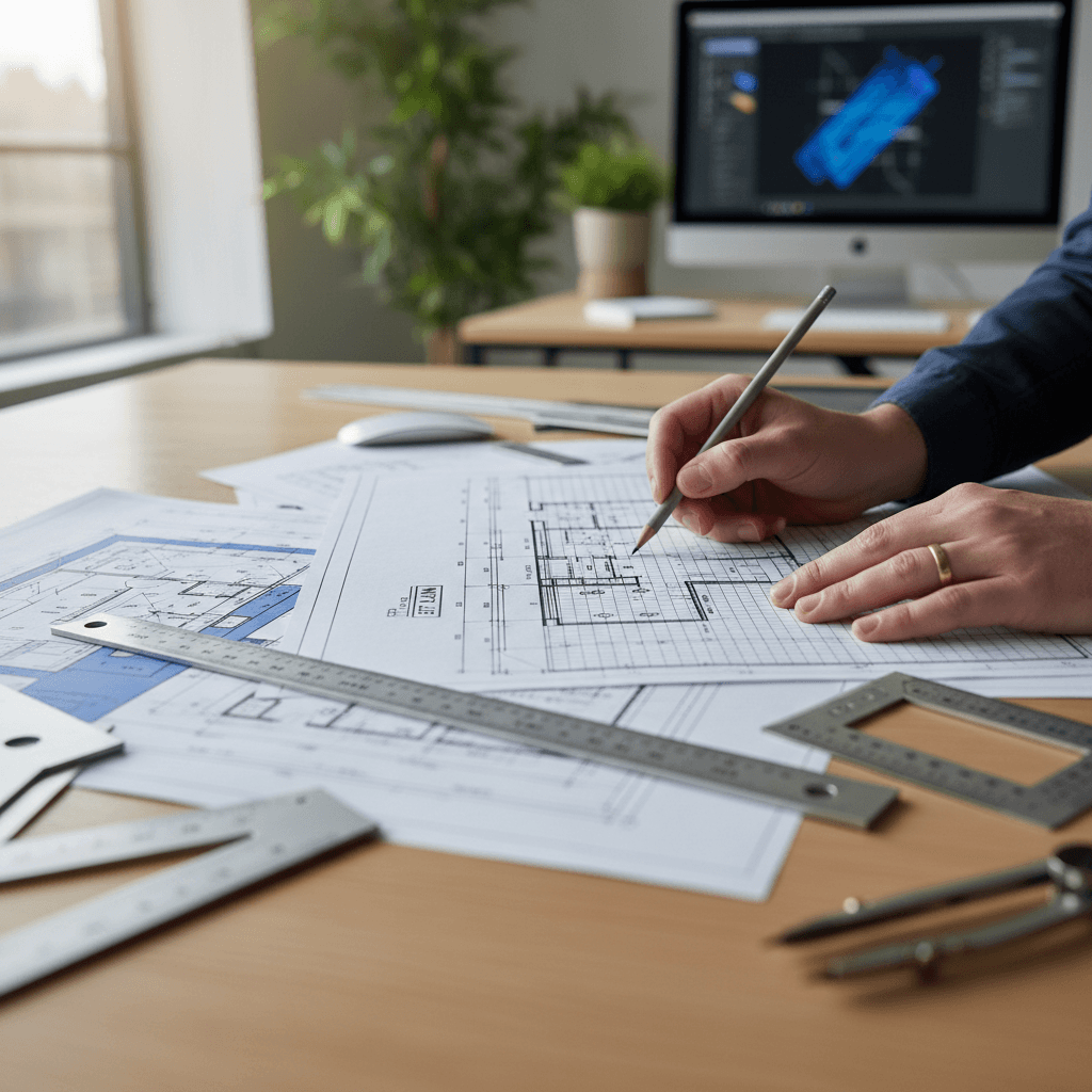 Architect reviewing plans at a sustainable construction site with exposed wooden beams