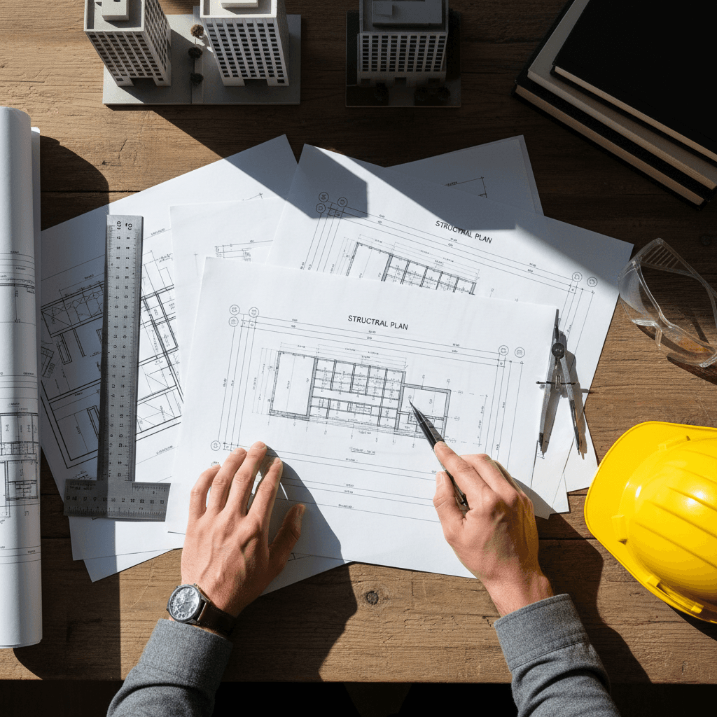 Architect reviewing sustainable building plans on a construction site with exposed timber frame